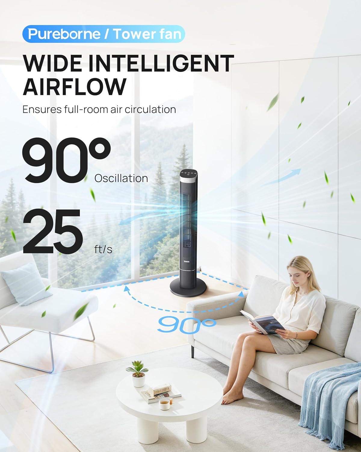 Tower Fan for Home Bedroom, 25dB Ultra-Quiet Sleep Mode, 25ft/s Smart Standing Fans, 90° Oscillating Floor Fan, Works with WiFi Voice Control, 4 Speeds 4 Modes, 12H Timer, 42” Black, 1 Pack