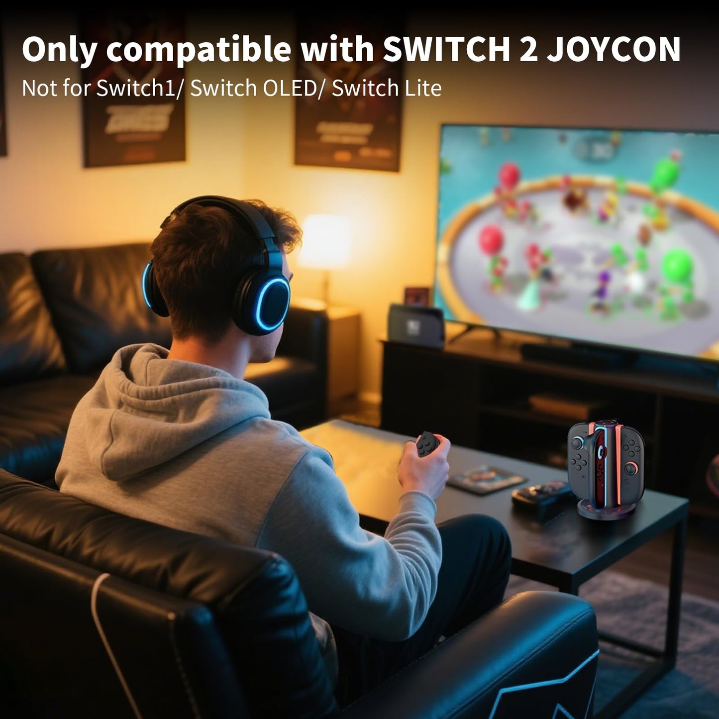 AceGamer 4-In-1 Charging Dock for Nintendo Switch 2 Joy-Con in Any Direction, 4-Port Magnetic Charging Station, Vertical Fast Charging Stand with LED Indication and USB Type-C Charger Cable, Black