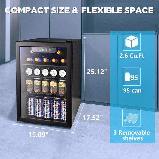 Electactic 2.6 Cu.ft Beverage Refrigerator Cooler, 95 Can Mini Fridge Glass Door with Adjustable Shelves, Digital Temperature Display, Freestanding Small Drink Fridge for Home, Office or Bar(Black)