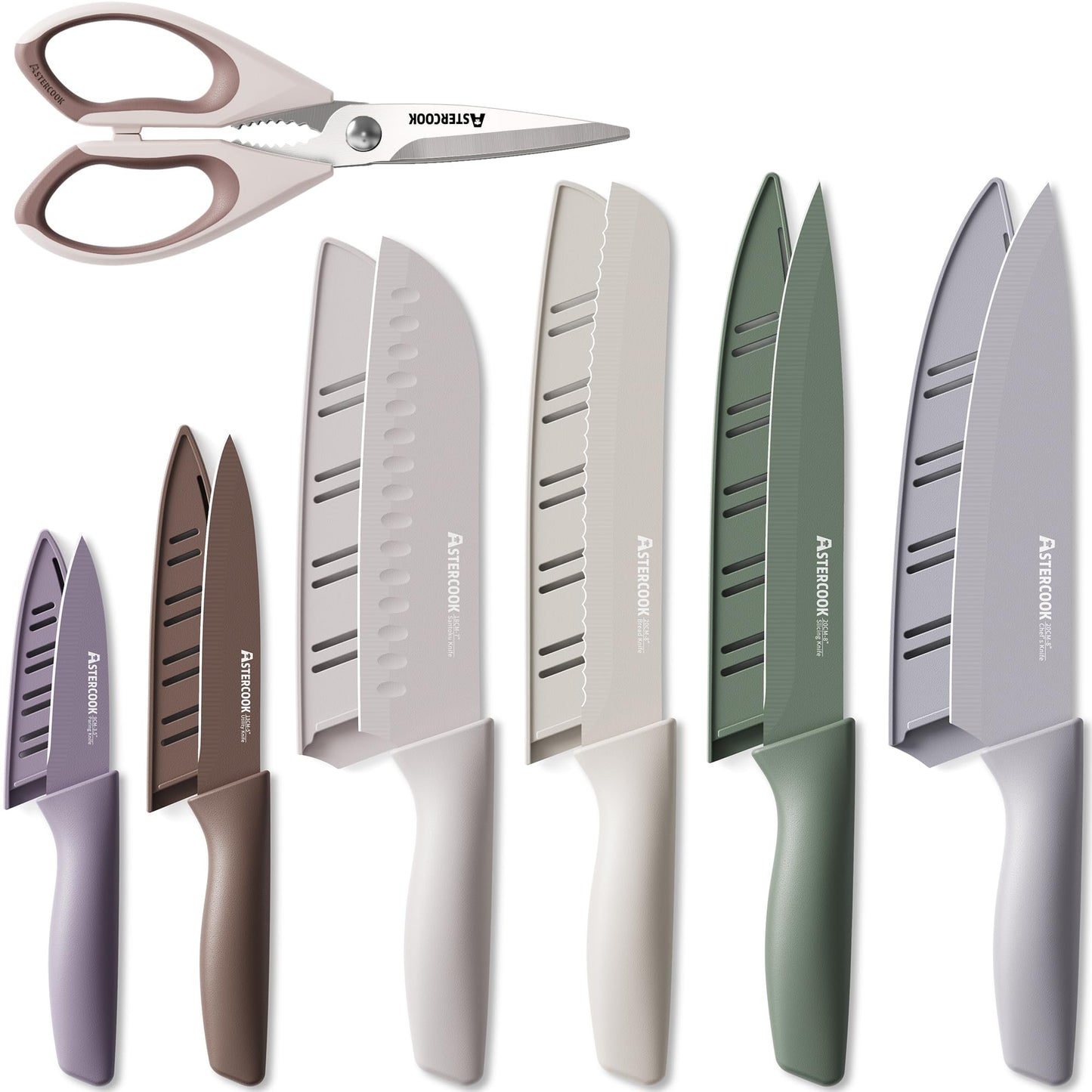 Astercook Knife Set, 13 Pieces Kitchen Knives Set with Healthy Anti-Rust Coating, Dishwasher Safe, Stainless Steel Chef Knife Sets with 6 Blade Guards, Fathers Day Gift for Men