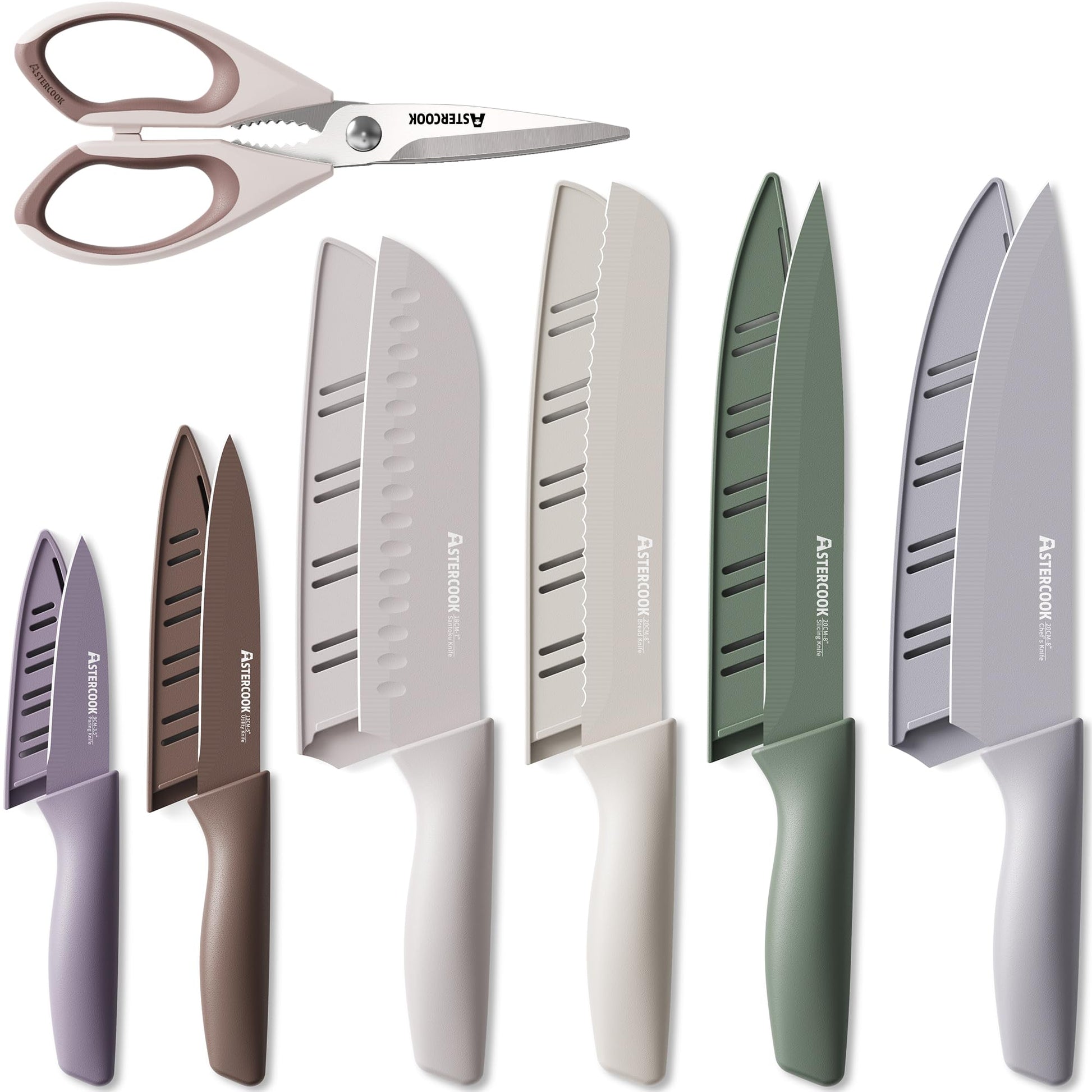 Astercook Knife Set, 13 Pieces Kitchen Knives Set with Healthy Anti-Rust Coating, Dishwasher Safe, Stainless Steel Chef Knife Sets with 6 Blade Guards, Fathers Day Gift for Men