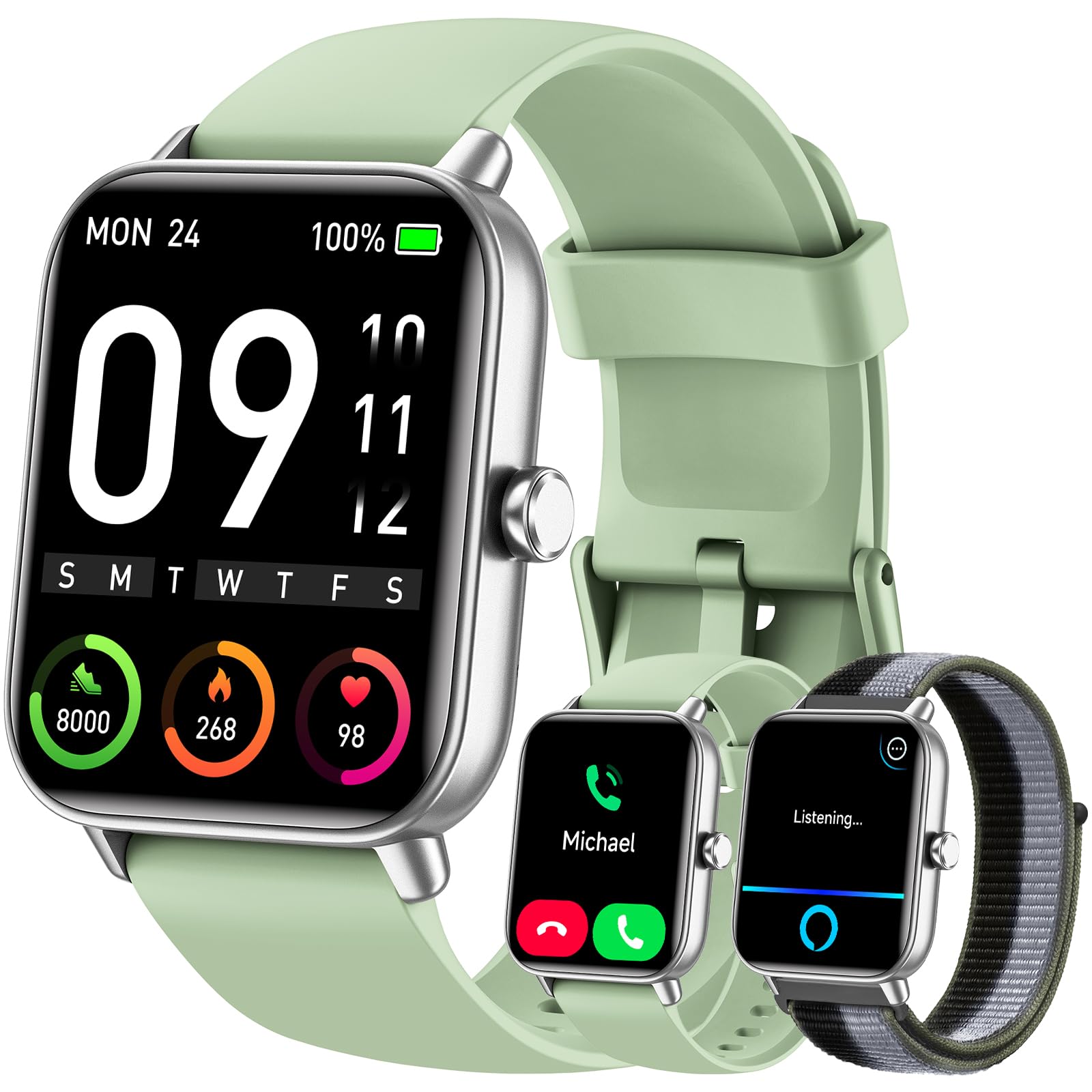 Hingso Smart Watch for Women Men, 1.85" Fitness Tracker for Android/iPhone | Bluetooth Call & Text Alert, Alexa Built-in, 24/7 Heart Rate/SpO2/Sleep/Cycles Monitor, 120+ Sports, IP68 Waterproof, 2 Bands