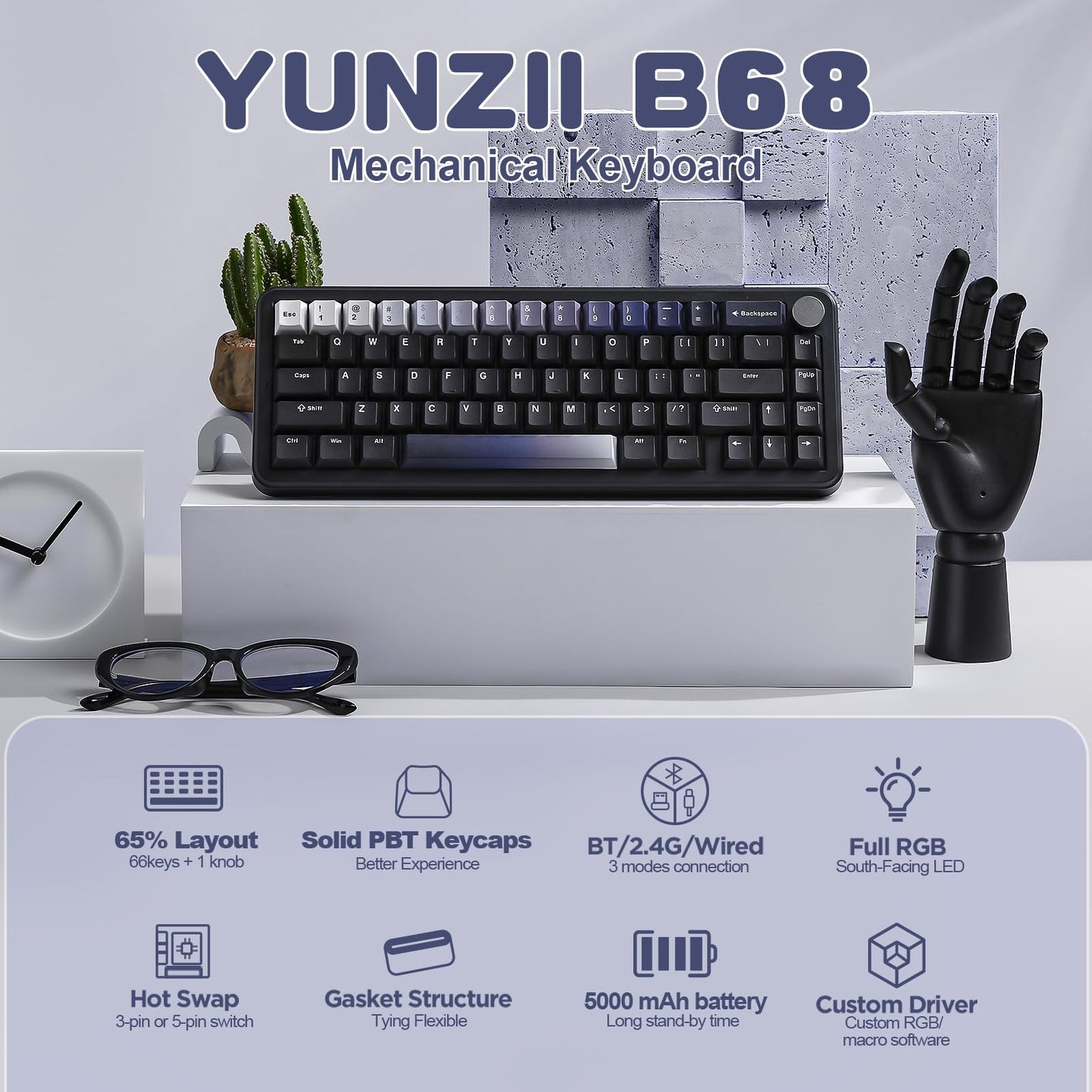 YUNZII B68 Wireless Mechanical Keyboard,Tri-Mode BT5.0/2.4GHz/USB-C,Cute PBT Keycaps,Hot Swappable Creamy Typing Gasket Mounted,RGB Backlit NKRO for Win/Mac (Black, Milk V2 Switch)