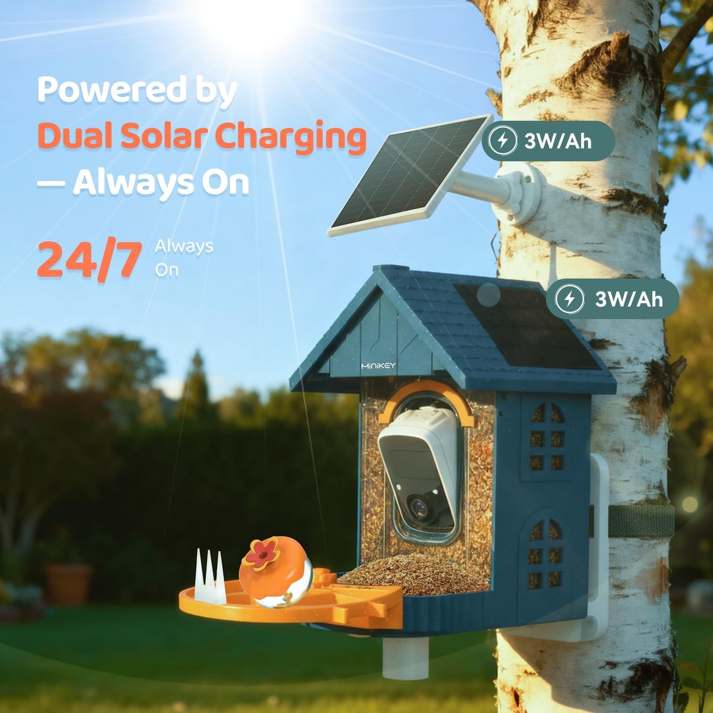 Smart Bird Feeder with Camera Outdoor Birdhouse:AI Identifies 11000+ Species, Features 3K HD Quality and Arrived Alerts Function,Powered by 3 Solar Panels,Gifts for Mom Dad Bird Lovers