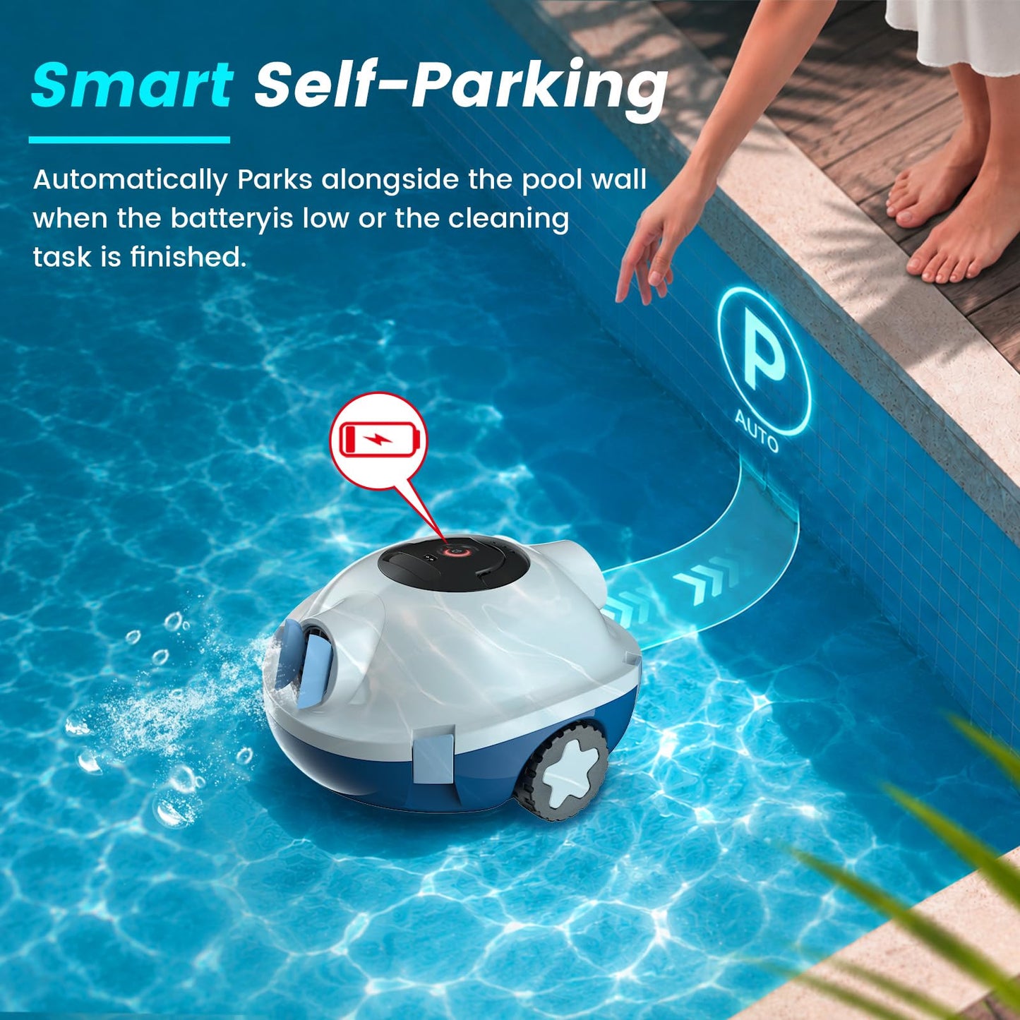 Y10 Robotic Pool Cleaner,Cordless Pool Vacuum with 150 Mins Runtime,High Efficiency Dual Suction Power,Self-Parking&Smart Navigation for Above-Ground & Flat Inground Pools up to 1300 sq.ft (White)