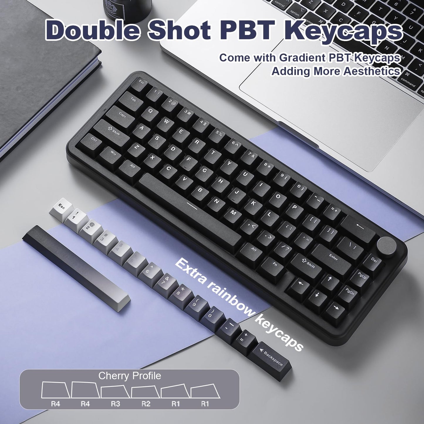 YUNZII B68 Wireless Mechanical Keyboard,Tri-Mode BT5.0/2.4GHz/USB-C,Cute PBT Keycaps,Hot Swappable Creamy Typing Gasket Mounted,RGB Backlit NKRO for Win/Mac (Black, Milk V2 Switch)
