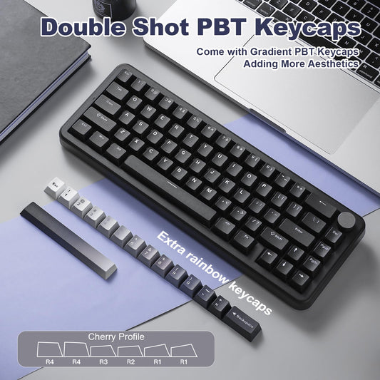 YUNZII B68 Wireless Mechanical Keyboard,Tri-Mode BT5.0/2.4GHz/USB-C,Cute PBT Keycaps,Hot Swappable Creamy Typing Gasket Mounted,RGB Backlit NKRO for Win/Mac (Black, Milk V2 Switch)