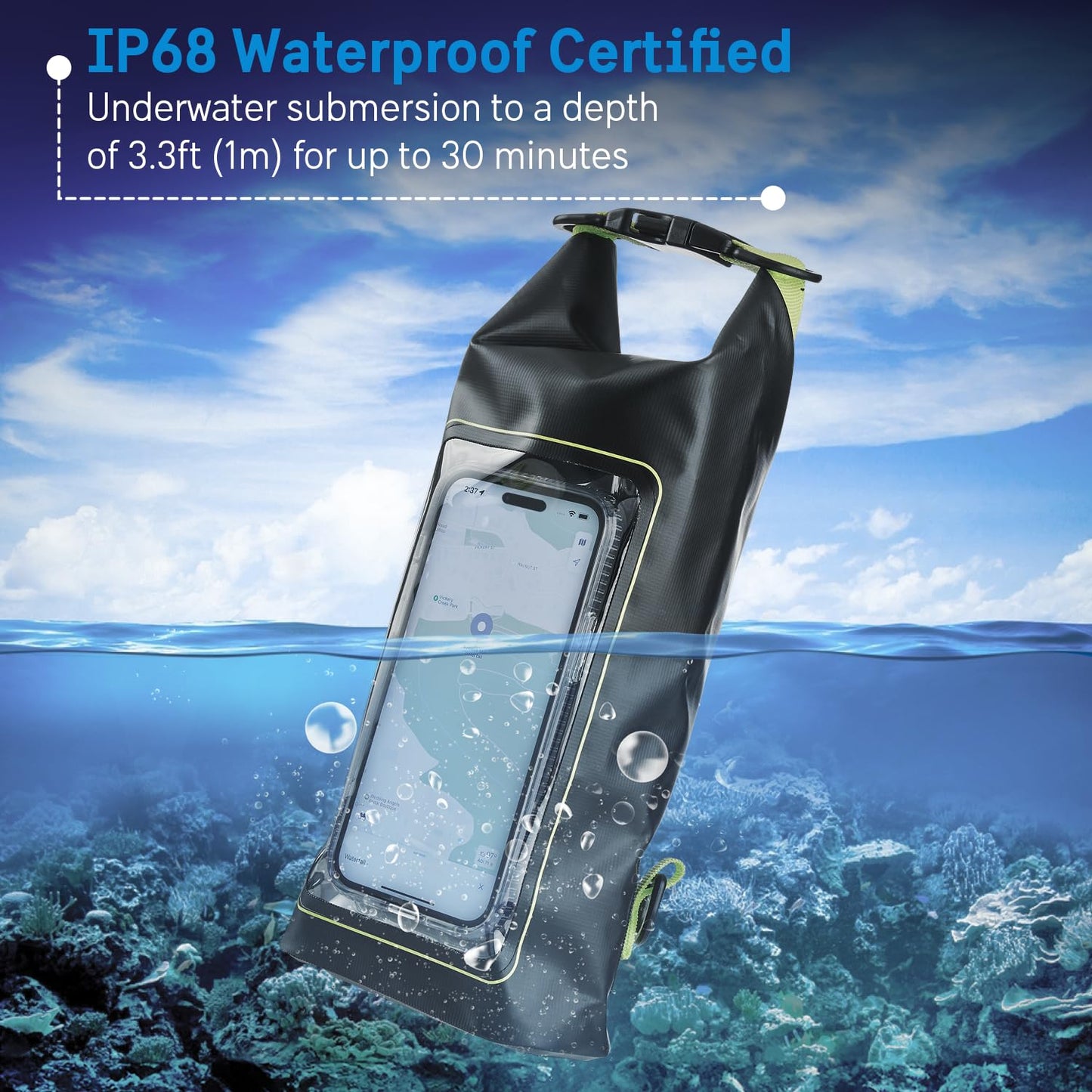 Pelican Marine IP68 Waterproof Dry Bag 2L - Roll Top Waterproof Backpack w/Phone Case/Pouch - Boating & Kayak Accessories - Essentials for Camping Swimming Beach Fishing Rafting Travel - Black/Yellow