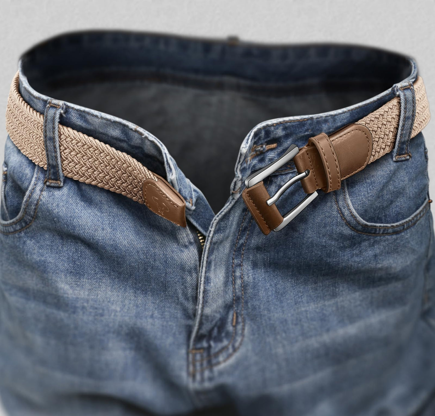 BULLIANT Belt for Men 2Pack,Mens Gift Stretch Braided Web Belt Elastic for Casual Golf Jeans,1 3/8"(Black/Beige,36"-40" Waist Adjustable)