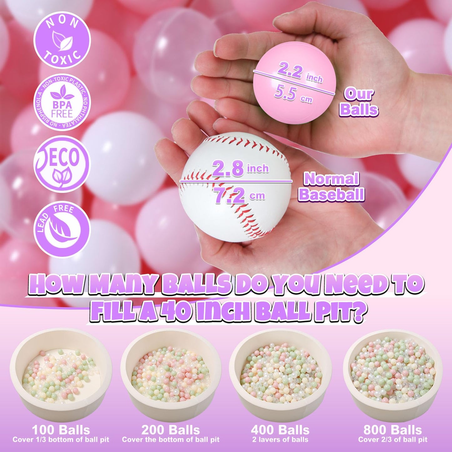 GOGOSO Ball Pit Balls for Toddler, Baby Plastic Playballs Kids Soft Pastel Pelotas Non-Toxic BPA-Free 2pink+White+Clear 1000 Balls