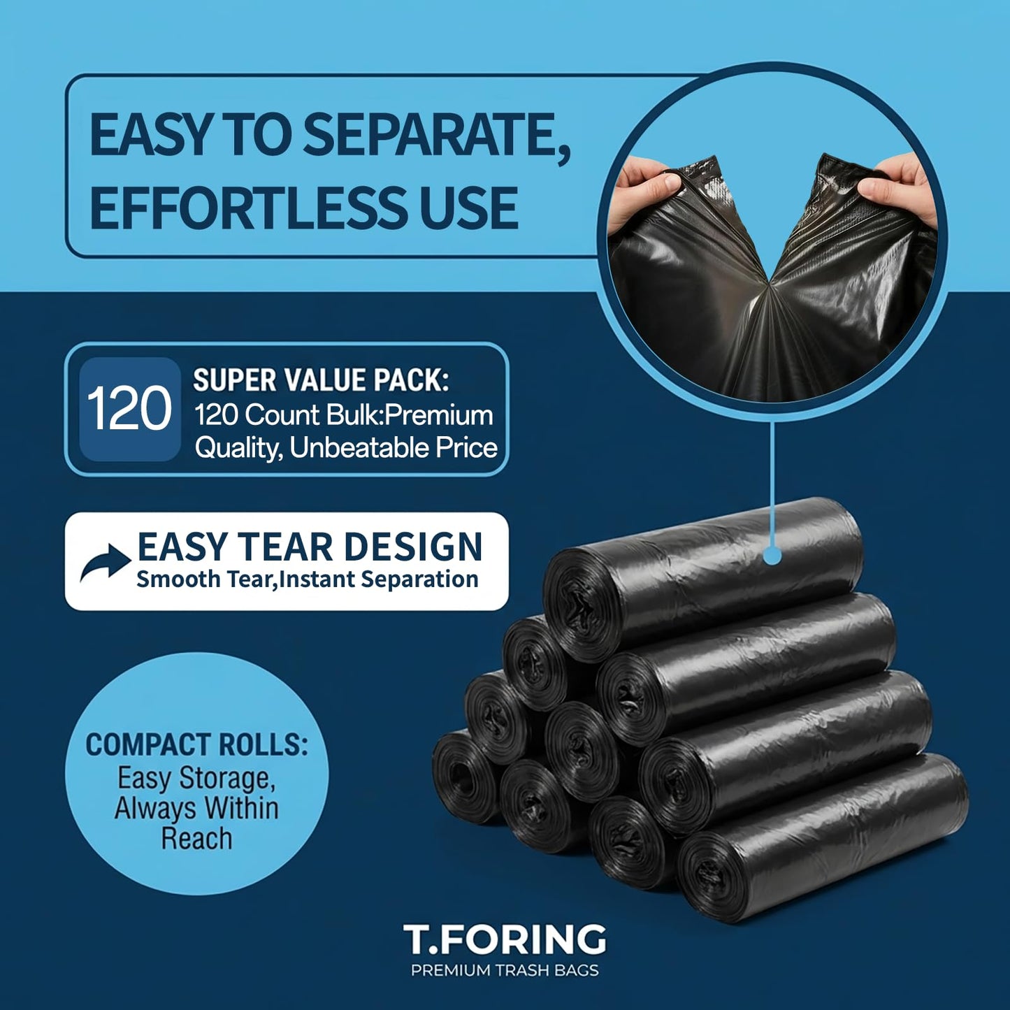 T.FORING 40-45 Gallon Black Trash Bags 120 Count - 37''x45'' Large Garbage Bags Unscented, 40+ Gallon Trash Can Liners, Multipurpose for Office, Outdoor, Recycling and Commercial
