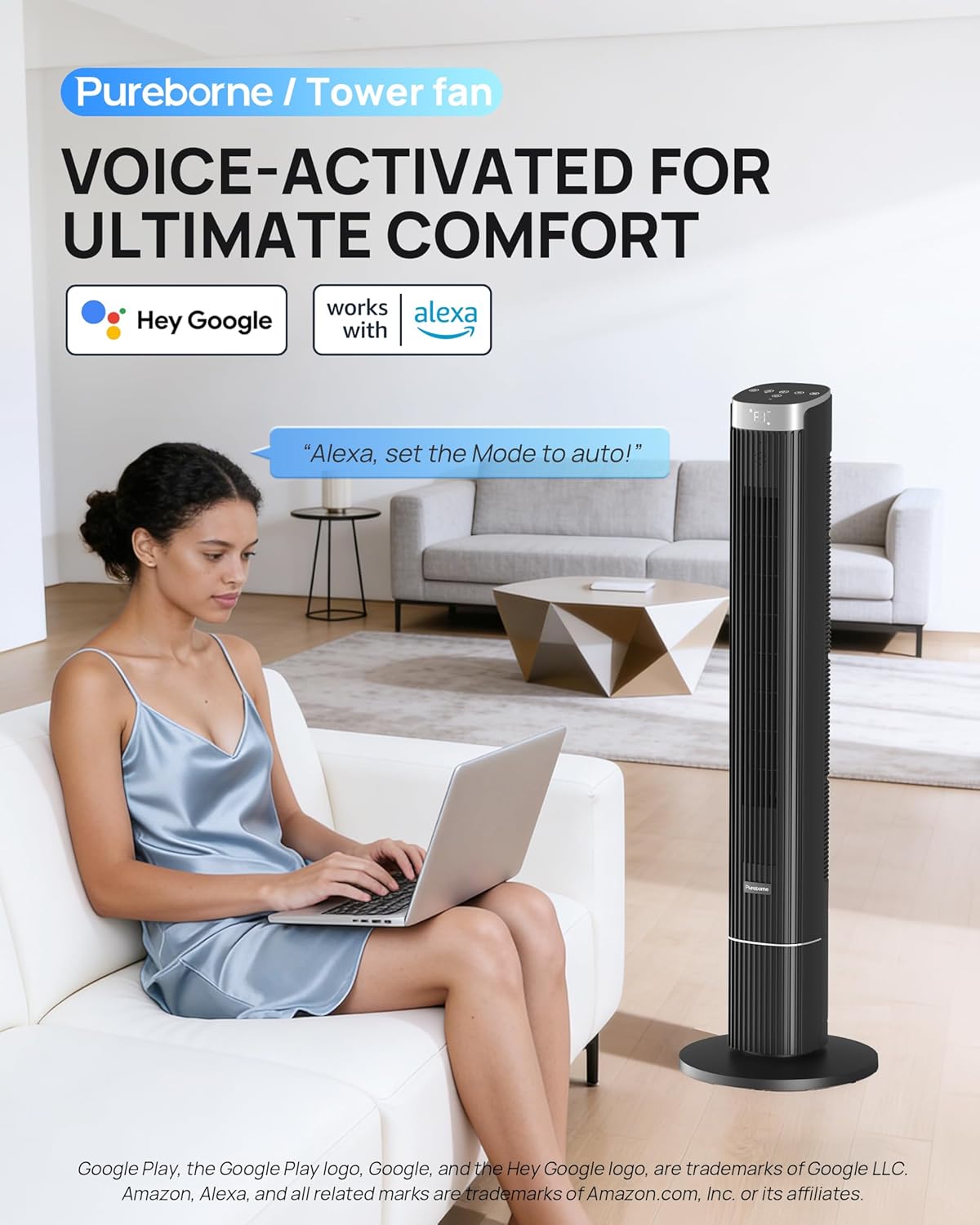 Tower Fan for Home Bedroom, 25dB Ultra-Quiet Sleep Mode, 25ft/s Smart Standing Fans, 90° Oscillating Floor Fan, Works with WiFi Voice Control, 4 Speeds 4 Modes, 12H Timer, 42” Black, 1 Pack