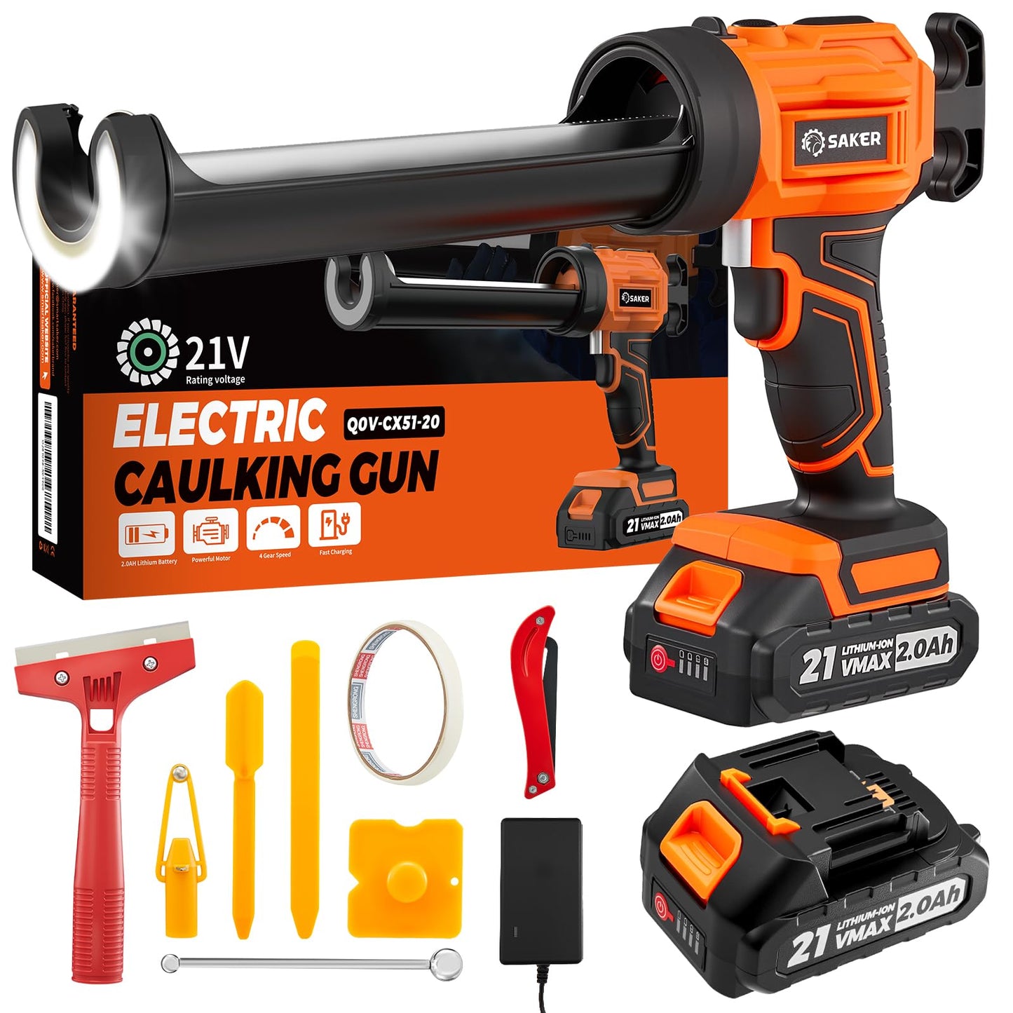Saker Electric Caulking Gun Cordless Caulk Gun Drip-free with Caulking Tools 4 Adjustable Speeds with LED Light 10oz/300ml for Kitchen Bathroom Filling, Sealing 2 Batteries