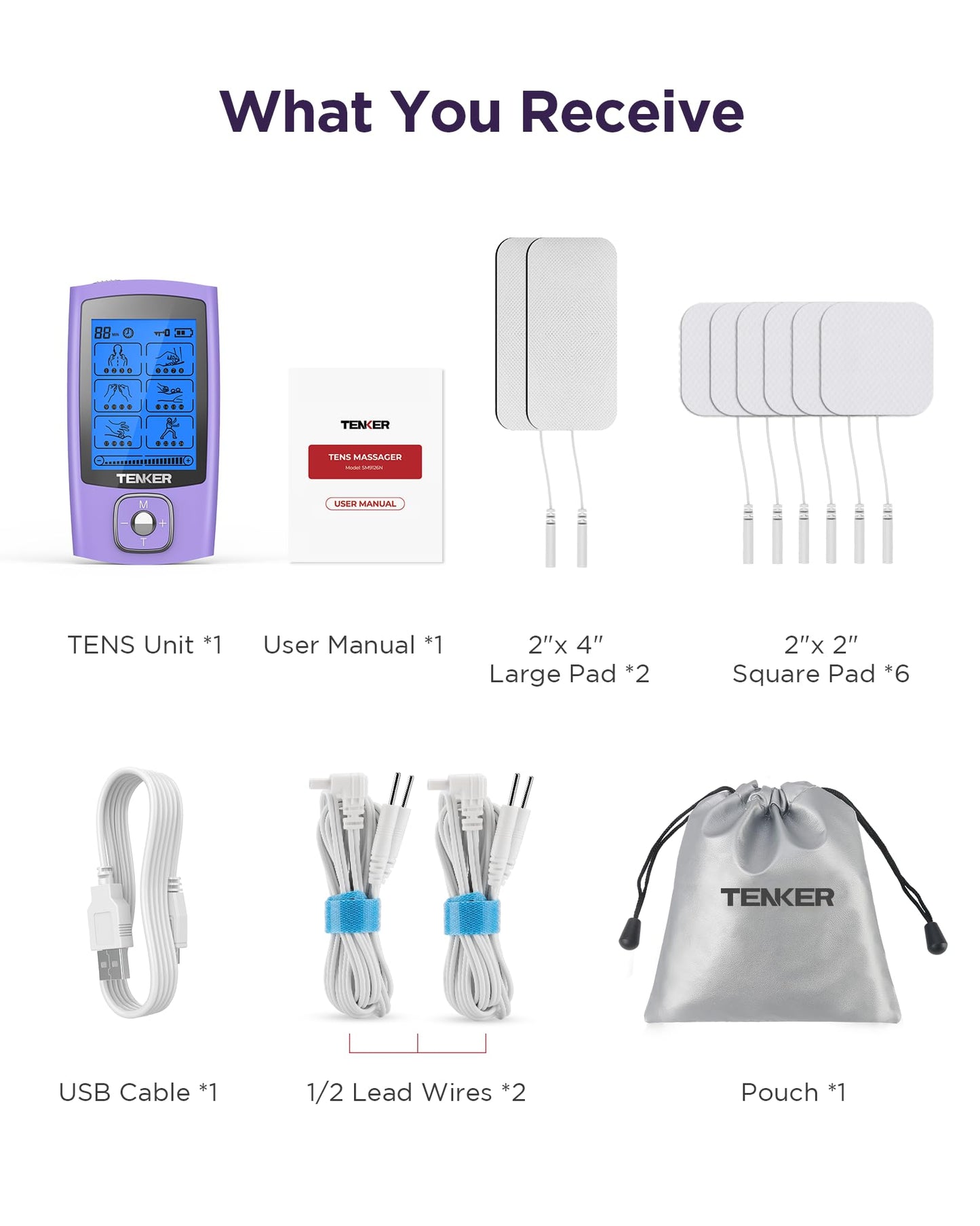 TENKER TENS Unit Muscle Stimulator, 24 Modes TENS EMS Machine for Shoulder, Sciatica, Back Pain Relief, Rechargeable Electronic Pulse Massager with 2"x2" and 2"x4" Electrode Pads