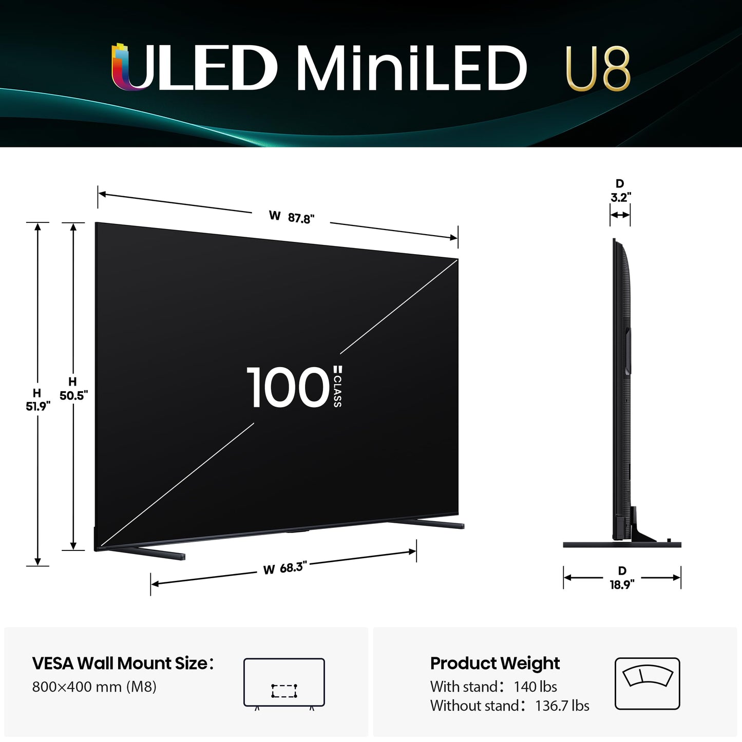 Hisense 100" Class U8 Mini-LED ULED 4K UHD Google Smart TV (100U8QG, 2025 Model) - QLED, Native 165Hz, VRR 288, Up to 5000 Nits, HDR10+, Dolby Vision IQ · Atmos, IMAX Enhanced, 4.1.2 Ch Surround