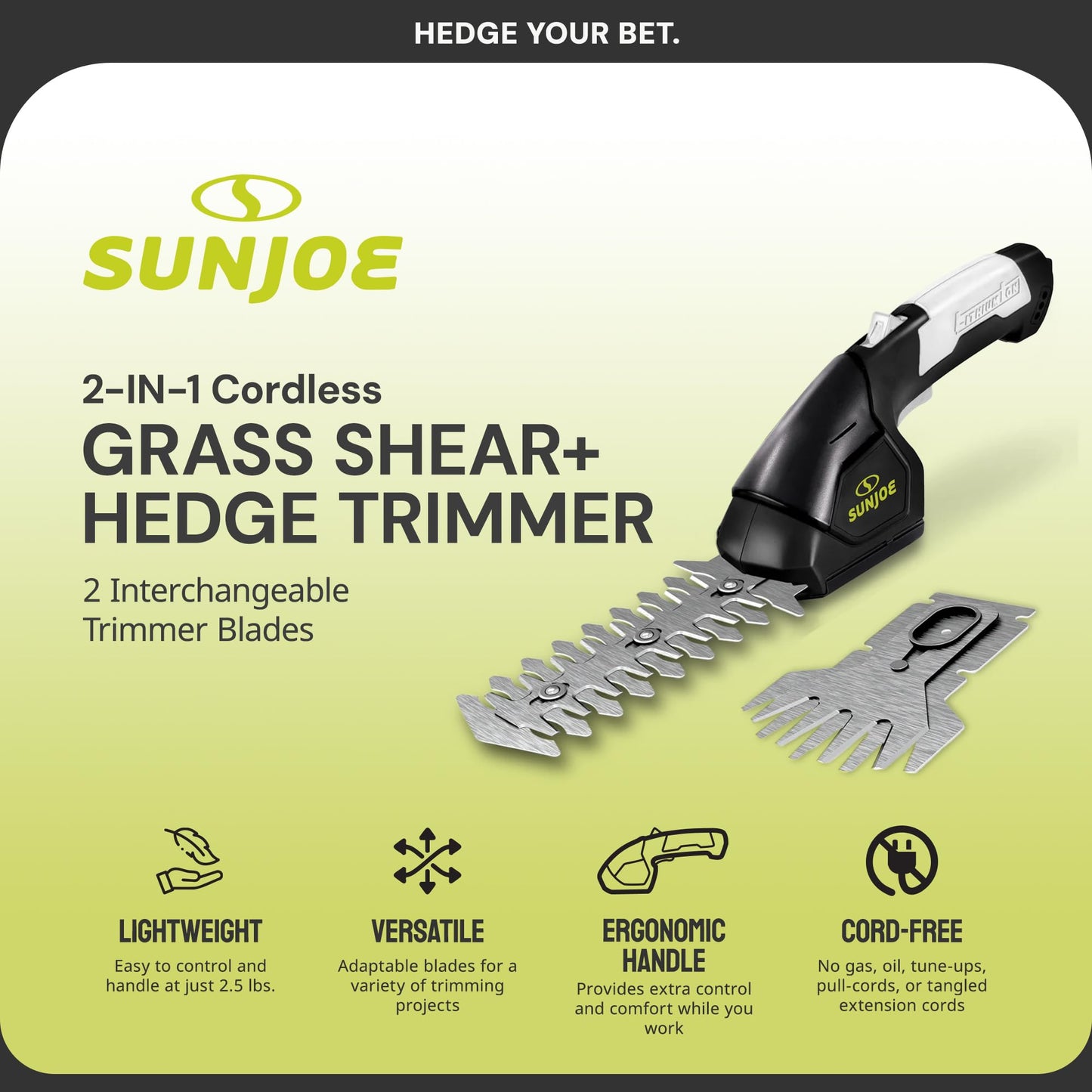 Sun Joe 2 in 1 Cordless 7.2V Handheld 4" Grass Shear and 6" Hedge Trimmer, Battery Powered, Built-In Safety Switch and Blade Safety Cover