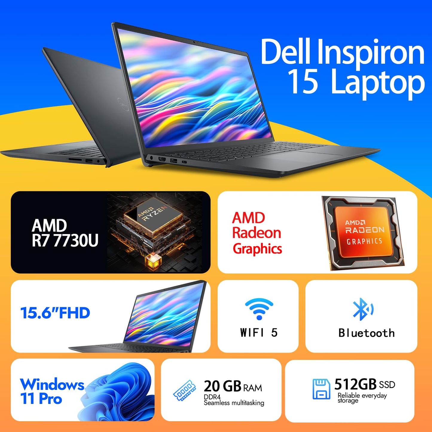 Dell Inspiron 15 Touchscreen Laptop Computer, 15.6" FHD Anti-Glare, AMD Ryzen 7 7730U, 20GB RAM, 512GB SSD, Windows 11 Pro, Numeric Keypad, Copilot AI, Business & Students, Office 365 for the Web