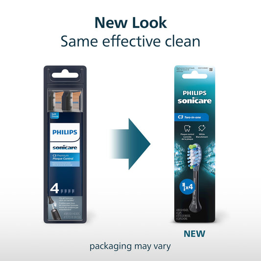 Philips Sonicare C3 Two-in-One Genuine Replacement Electric Toothbrush Heads, for Deep Plaque Removal and Whitening, 4 Pack One Year Supply, Black, HX9044/95