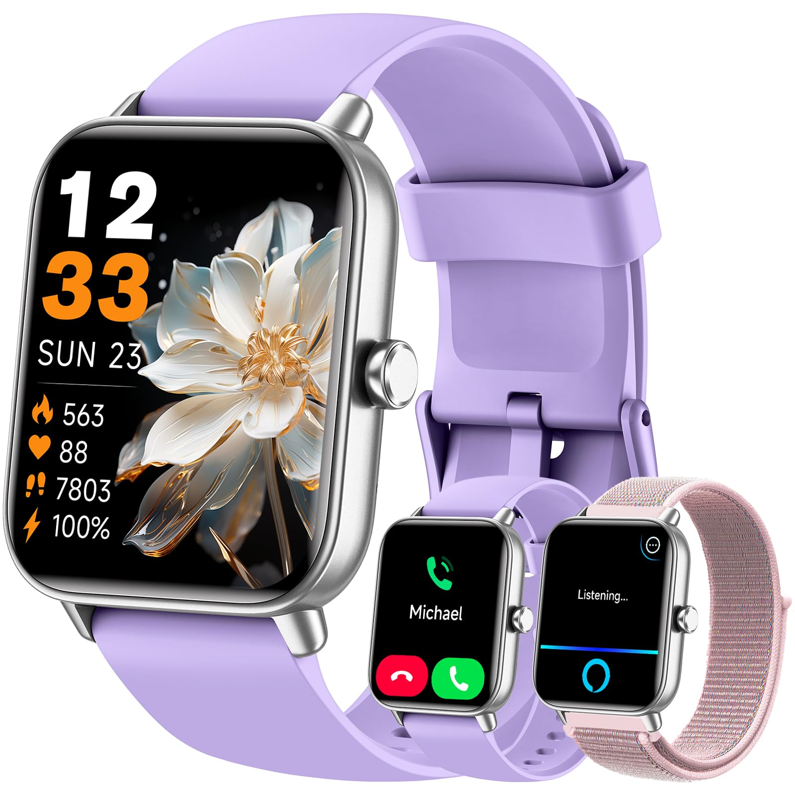 Hingso Smart Watch for Women Men, 1.85" Fitness Tracker for Android/iPhone | Bluetooth Call & Text Alert, Alexa Built-in, 24/7 Heart Rate/SpO2/Sleep/Cycles Monitor, 120+ Sports, IP68 Waterproof, 2 Bands
