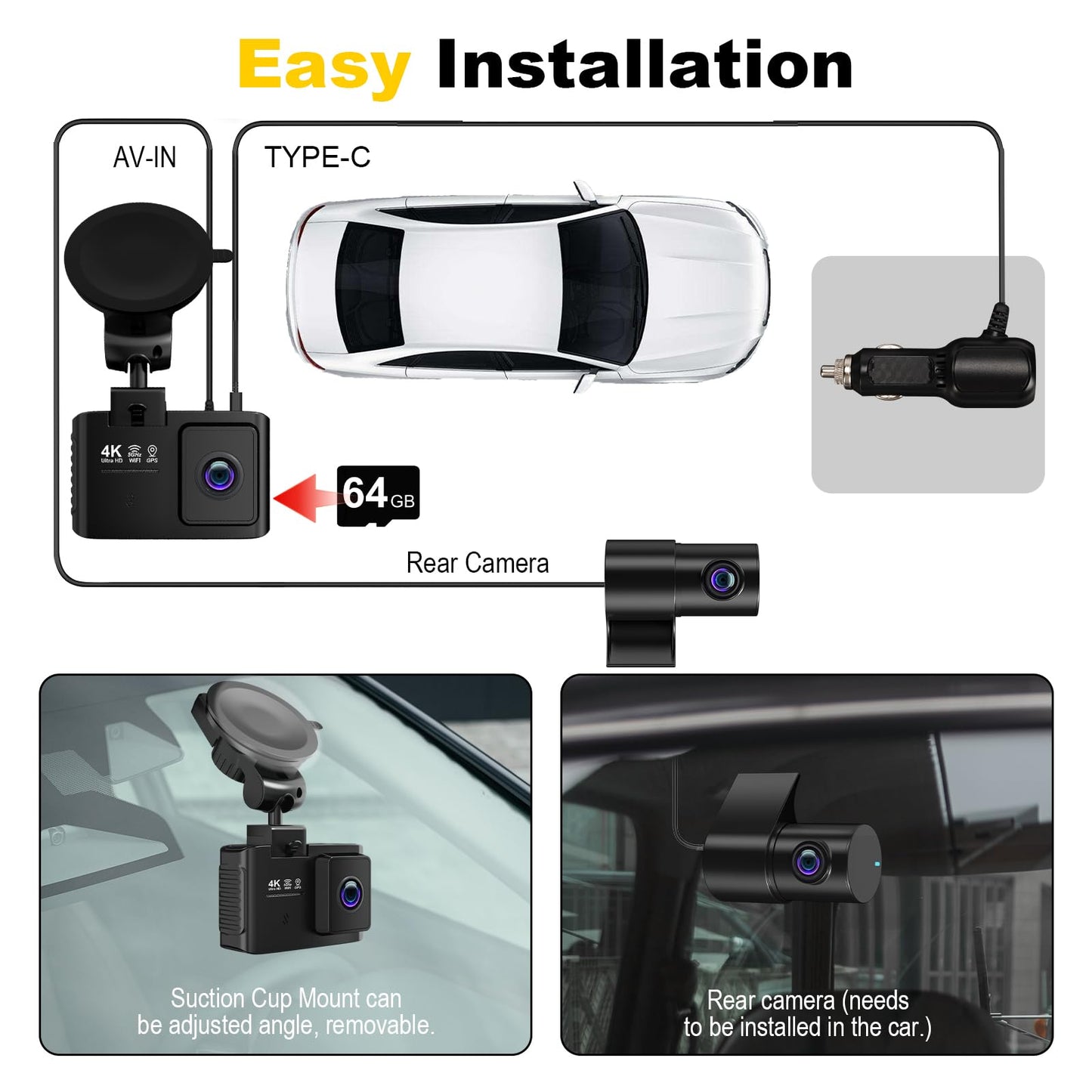Dash Cam Front and Rear: 4K+2.5K Dual Channel Dash Cam-5GHz WiFi, GPS Dash Camera for Cars with 64GB Card, 2.0" IPS Screen, App Control,G-Sensor,Loop Recording,170°Wide Angle,Night Vision,Parking Mode