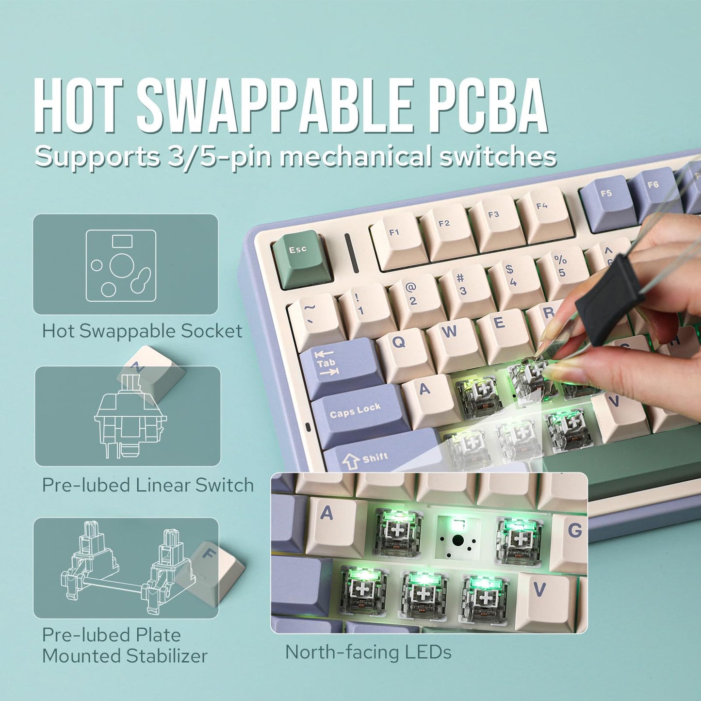 EPOMAKER x Aula F75 Gasket Mechanical Keyboard, 75% Wireless Hot Swappable Gaming Keyboard with Five-Layer Padding&Knob, BT/2.4GHz/USB-C, RGB (Green, LEOBOG Reaper Switch)