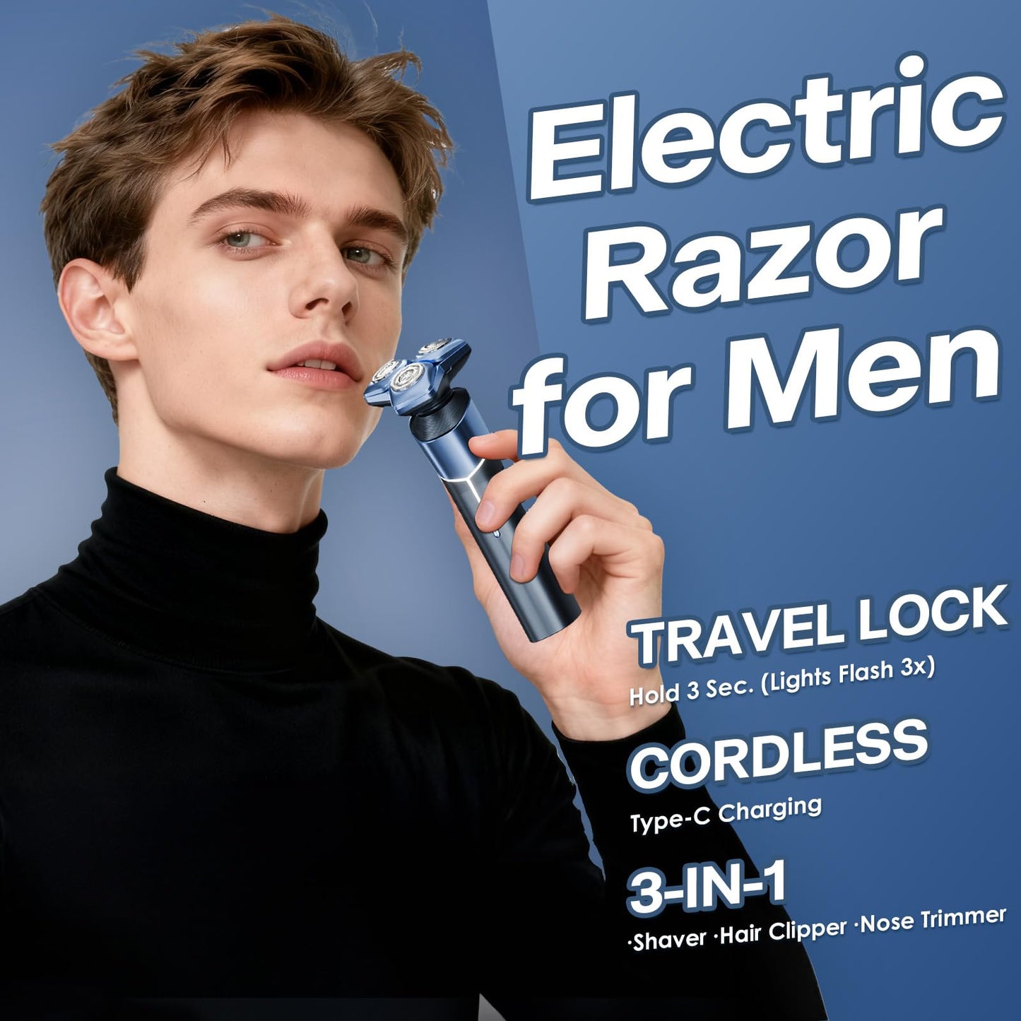 Electric Razor for Men: 3-in-1 Shaver with Hair Clipper and Nose Hair Trimmer, 10000 RPM High Speed Motor, 3D Floating Heads, USB-C Fast Charging, IPX8 Waterproof, Travel Lock, Gifts for Father