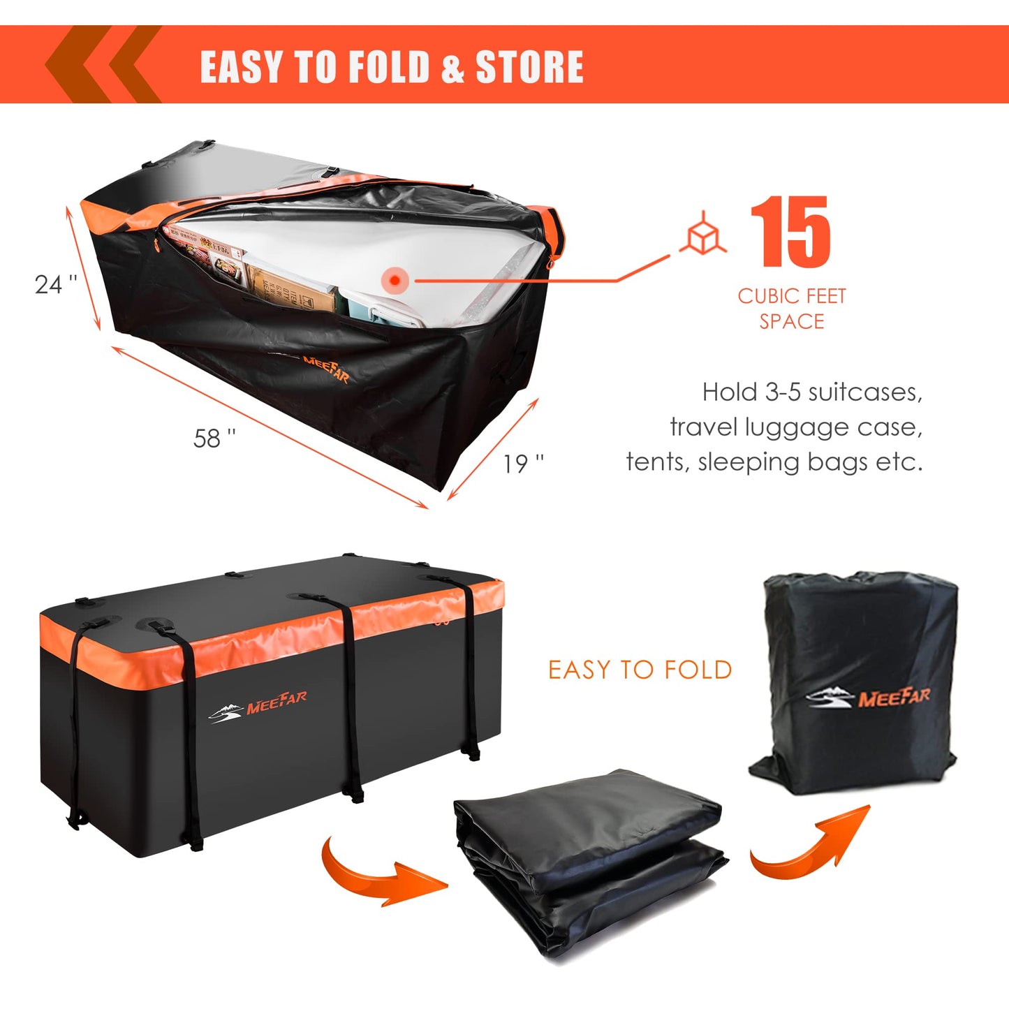 MeeFar Hitch Mount Cargo Carrier Bag Soft Shell 100% Waterproof 16 Cubic Feet (58" 24" 19") Include 8 Reinforced Straps for Truck Pickup All Vehicle with Steel Cargo Basket