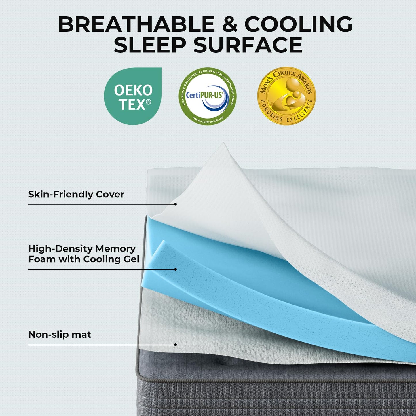 OhGeni 2 Inch Queen Memory Foam Mattress Topper Pad with Cover, Soft Bed Cover with Anti-Slip Base, Enhanced with Cooling Gel，Premium Comfort for Sleep & Back Pain Relief, Removable & Washable