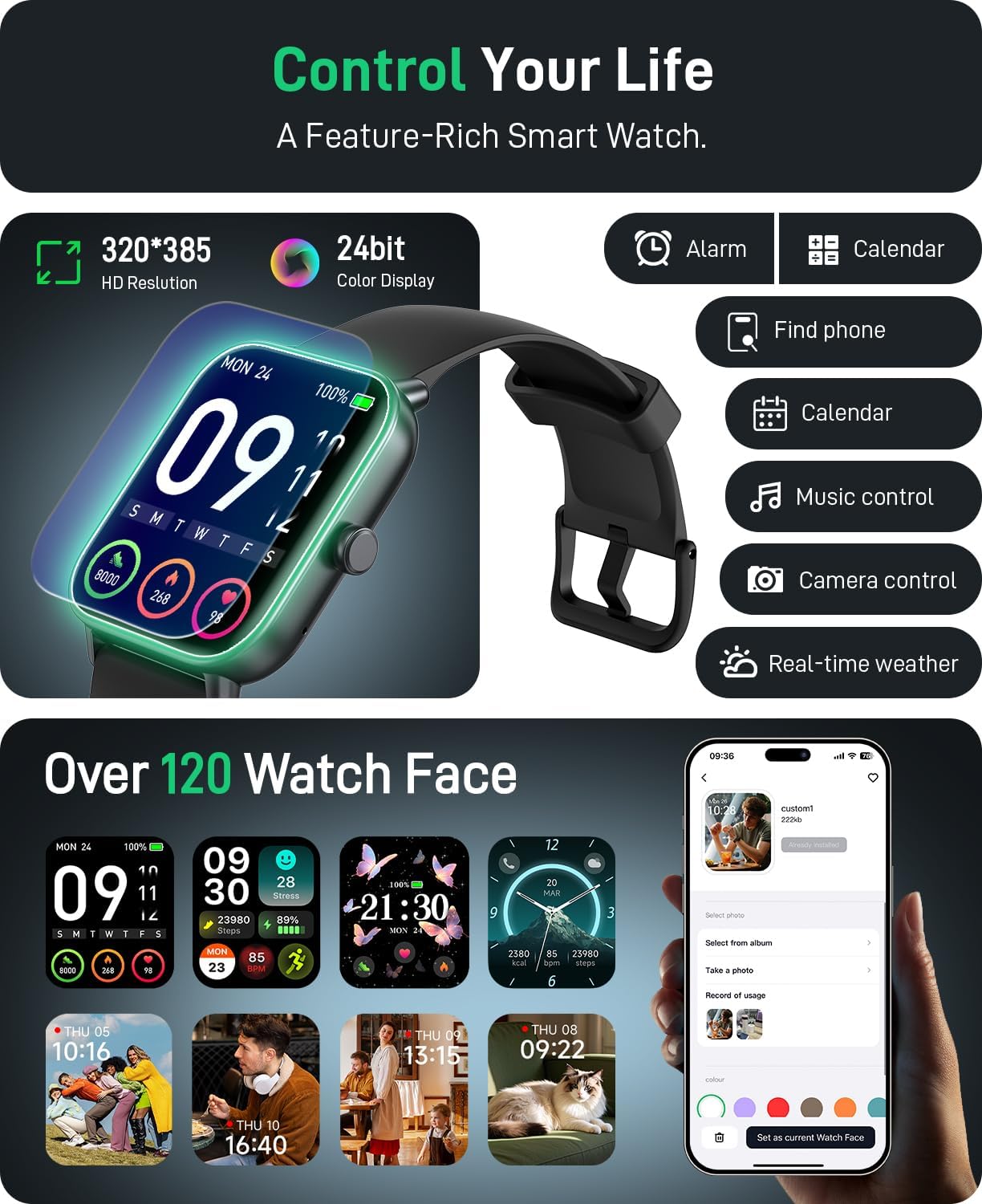 Hingso Smart Watch for Women Men, 1.85" Fitness Tracker for Android/iPhone | Bluetooth Call & Text Alert, Alexa Built-in, 24/7 Heart Rate/SpO2/Sleep/Cycles Monitor, 120+ Sports, IP68 Waterproof, 2 Bands