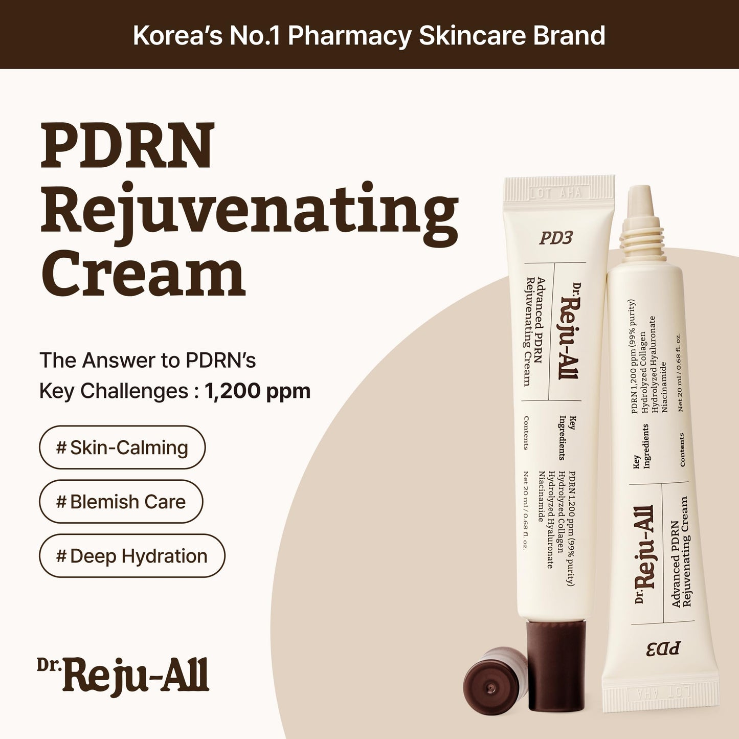 Dr.Reju-All PDRN Rejuvenating Cream – Rejuall PDRN Face Moisturizer – Optimal 1200ppm for Glass Skin & Plumping – Korean Pharmacy Anti-Aging Skin Care Face Cream - 0.7 Fl Oz