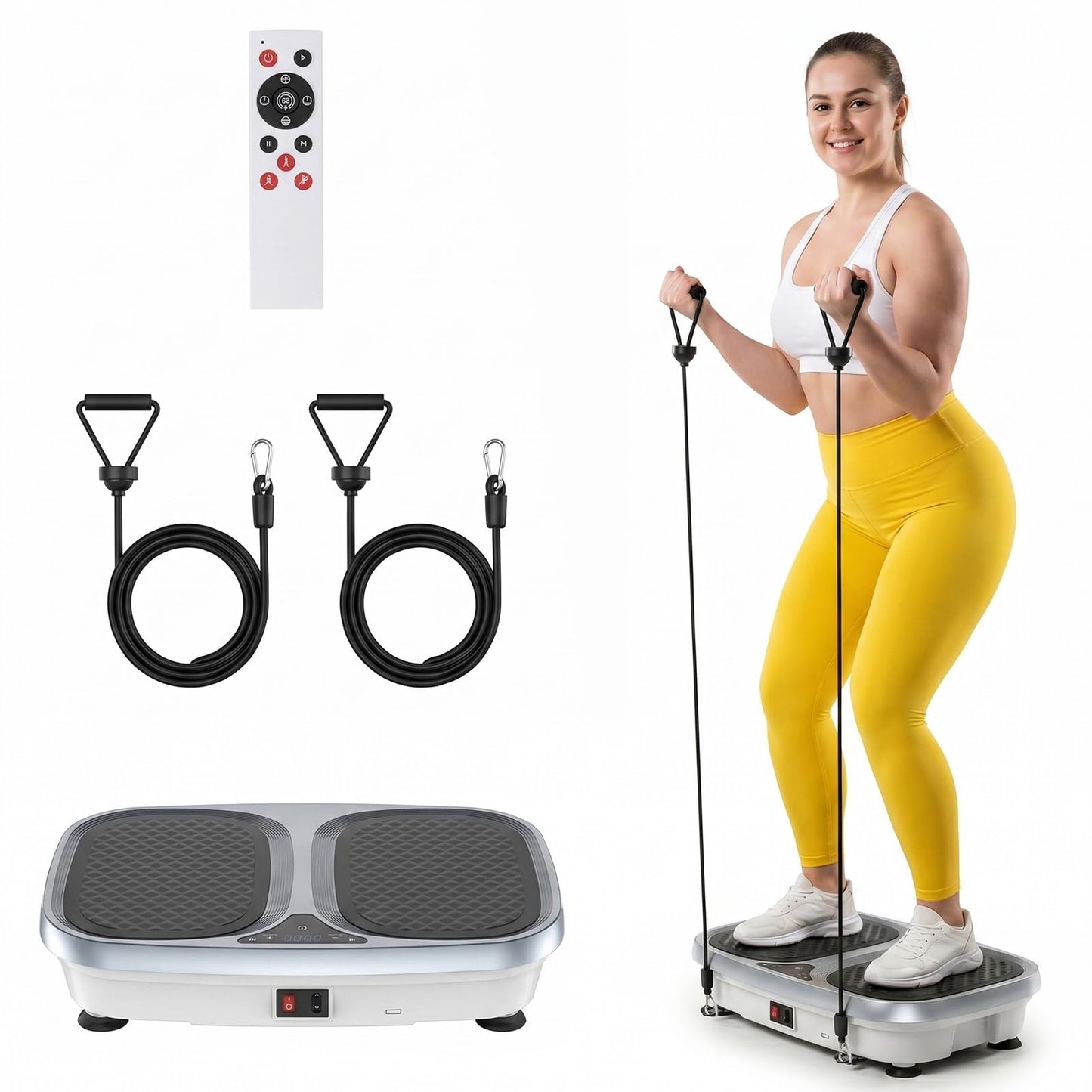 NEWBULIG Vibration Plate Exercise Machine with Remote, Smart LED Screen Vibrating Platform with 9 Auto Modes & Pull Ropes for Weight Loss, Home Fitness Shaker for Women & Men, Grey