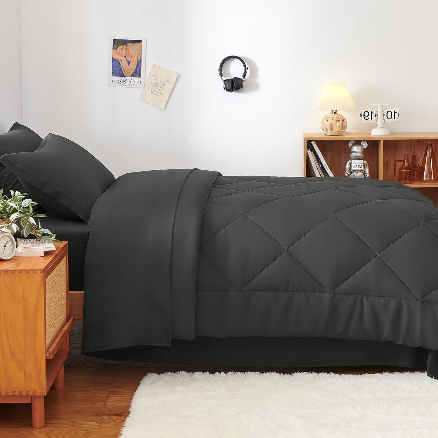 CozyLux Twin XL Comforter Set Dark Grey - 5 Pieces Twin Extra Long Bed in a Bag for College Dorm, All Season Bedding Set for Girls and Boys, Soft Bed Set with Comforter, Sheets, Pillowcase & Sham