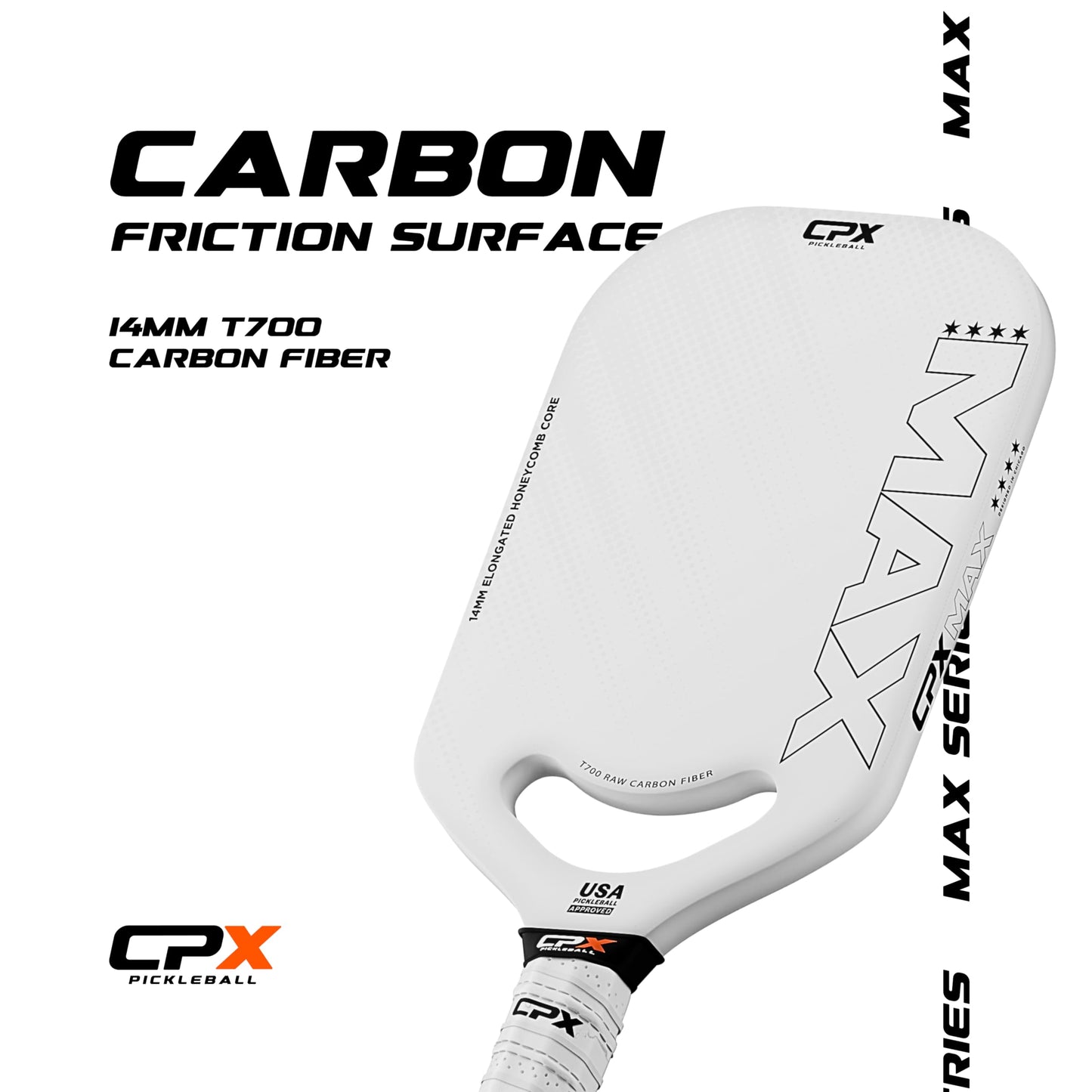 CPX MAX Series Raw Carbon Fiber T700 Pickleball Elongated Paddle Racket - Professional Grade, 14mm Core Thickness, Comfortable Tennis Style Grip - Durable Pickleball Paddle Designed in Chicago, USA