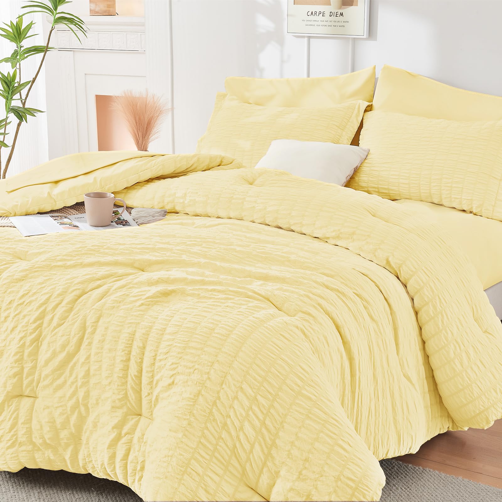 HYMOKEGE Black California King Comforter Set Seersucker 7 Pieces, All Season Luxury Bed in a Bag for Bedroom, Bedding Set with Comforters, Sheets, Pillowcases & Shams
