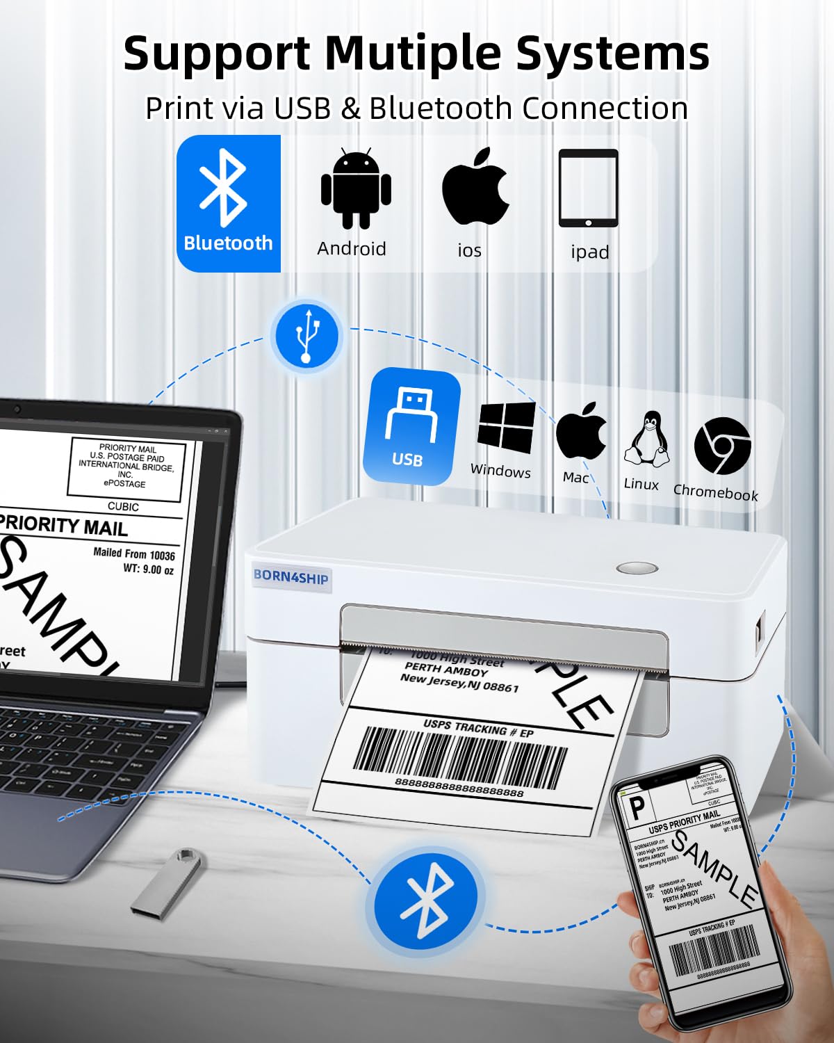 BORN4SHIP Bluetooth Shipping Label Printer, 4x6 Thermal Printer for Shipping Packages, Thermal Label Printer for Small Business, Widely Used for Amazon, iPhone, Android, iPad, Windows, macOS (Gray)