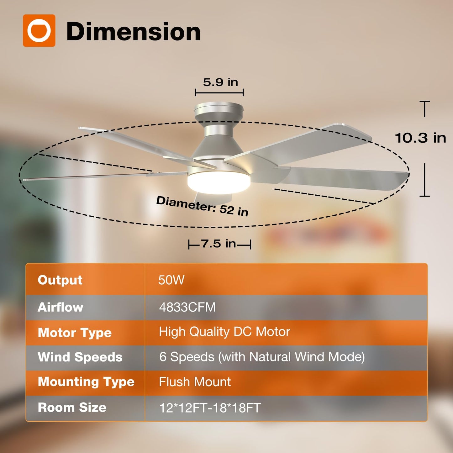 addlon Ceiling Fans with Lights, 52 Inch Low Profile Ceiling Fan with Light and Remote Control, Flush Mount, Reversible, 3CCT, Dimmable, Quiet, Silver Ceiling Fan for Bedroom Indoor/Outdoor Use