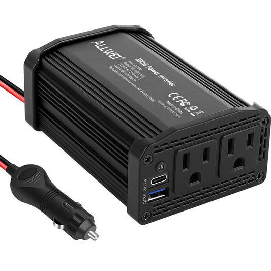 ALLWEI 300W Power Inverter 12V DC to 110V AC Car Plug Adapter Outlet Converter with 27W PD USB-C &18W USB-A Fast Charger, Car Cigarette Lighter Adapter for Phone, Laptop on Road Trip-Black