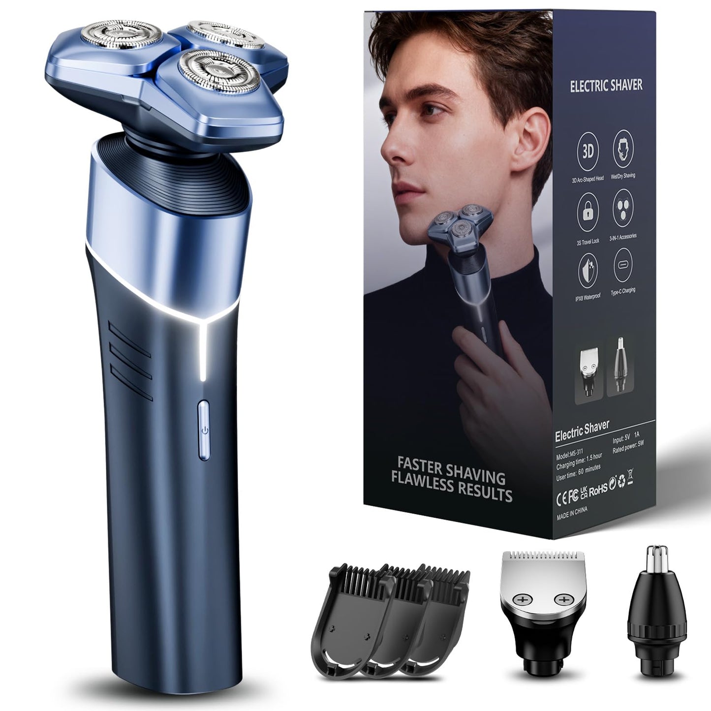 Electric Razor for Men: 3-in-1 Shaver with Hair Clipper and Nose Hair Trimmer, 10000 RPM High Speed Motor, 3D Floating Heads, USB-C Fast Charging, IPX8 Waterproof, Travel Lock, Gifts for Father