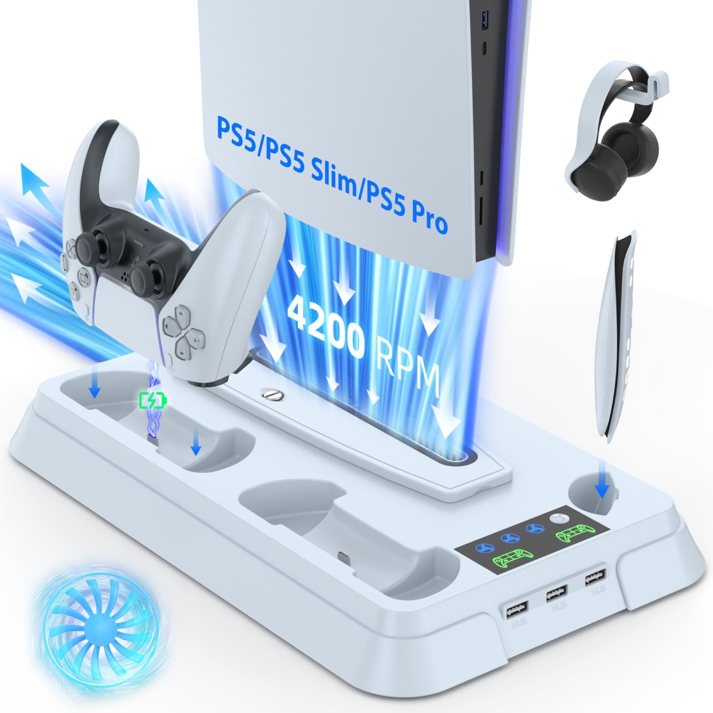 Lictin Cooling Station and Console Stand for PS5/Pro/Slim, Controller Charging Station for PlayStation 5 Console, PS 5 Stand with Controller Charger for Disc & Digital, PS5 Holder with Cooling Fan