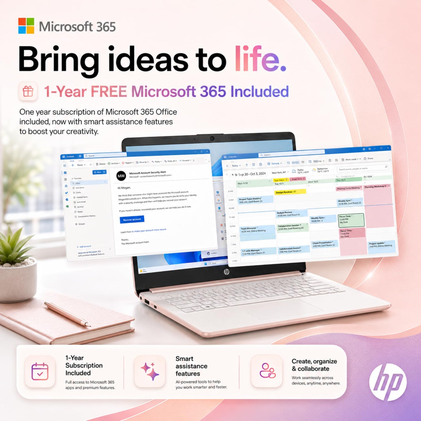 HP Business Laptop, 8GB RAM, 128GB SSD, Intel Processor, Microsoft Office 365 1 Year | No Mouse, Fast Response, Long Battery Life Computer, Rose Gold
