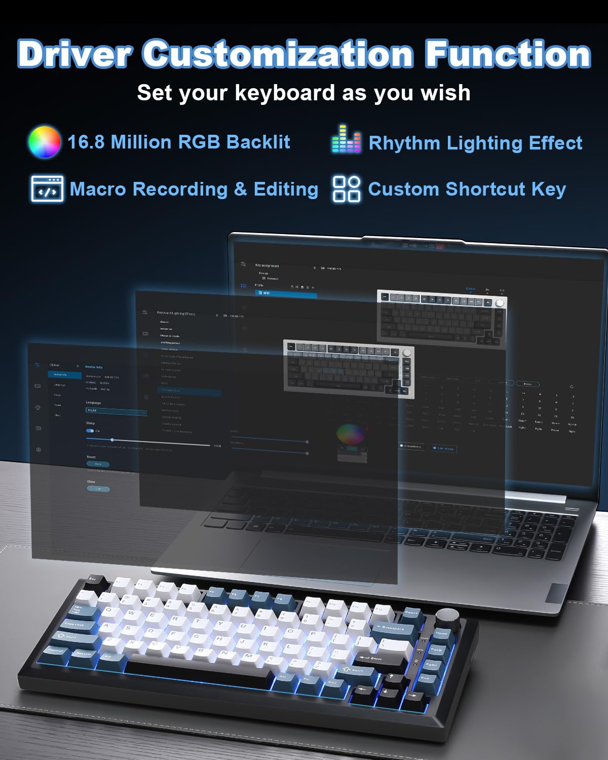 MIKIBY Y75 Gasket Wireless Mechanical Keyboard,75% Hot-Swappable with Knob, Tri-Mode,Creamy Pre-lubed Milk Linear Switches & Doubleshot PBT Keycaps, RGB, Win/Mac (Black & Blue)