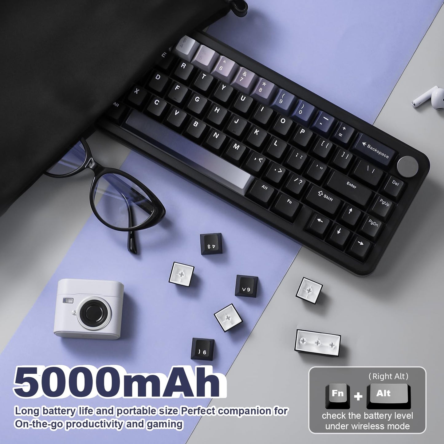 YUNZII B68 Wireless Mechanical Keyboard,Tri-Mode BT5.0/2.4GHz/USB-C,Cute PBT Keycaps,Hot Swappable Creamy Typing Gasket Mounted,RGB Backlit NKRO for Win/Mac (Black, Milk V2 Switch)