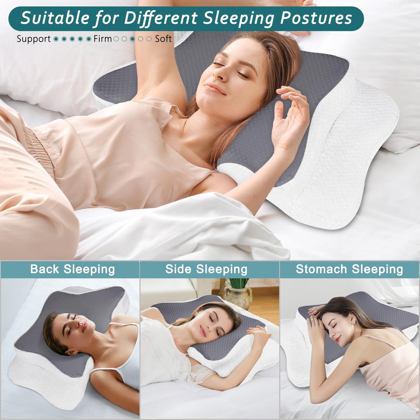 CHxxy Cervical Neck Pillow for Pain Relief Sleeping, Memory Foam Pillows, Ergonomic Side Sleeper Pillows, Cooling Orthopedic Neck Support Pillow for Back Stomach Sleepers-Queen Size Grey&White