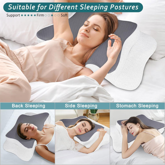 CHxxy Cervical Neck Pillow for Pain Relief Sleeping, Memory Foam Pillows, Ergonomic Side Sleeper Pillows, Cooling Orthopedic Neck Support Pillow for Back Stomach Sleepers-Queen Size Grey&White