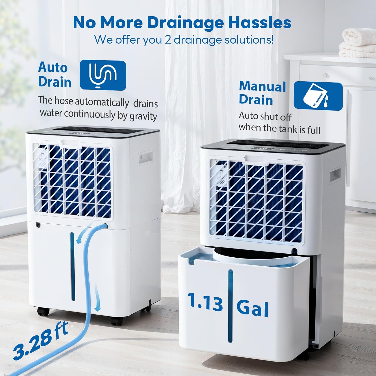 FreAire 54Pint Dehumidifier for 4500Sq.Ft, Compressor Dehumidifiers for Home, Front Humidity Value Display&Quiet Dehumidifier for Basement, Bedroom, Bathroom, with Drain Hose, 1.13 Gallon Water Tank