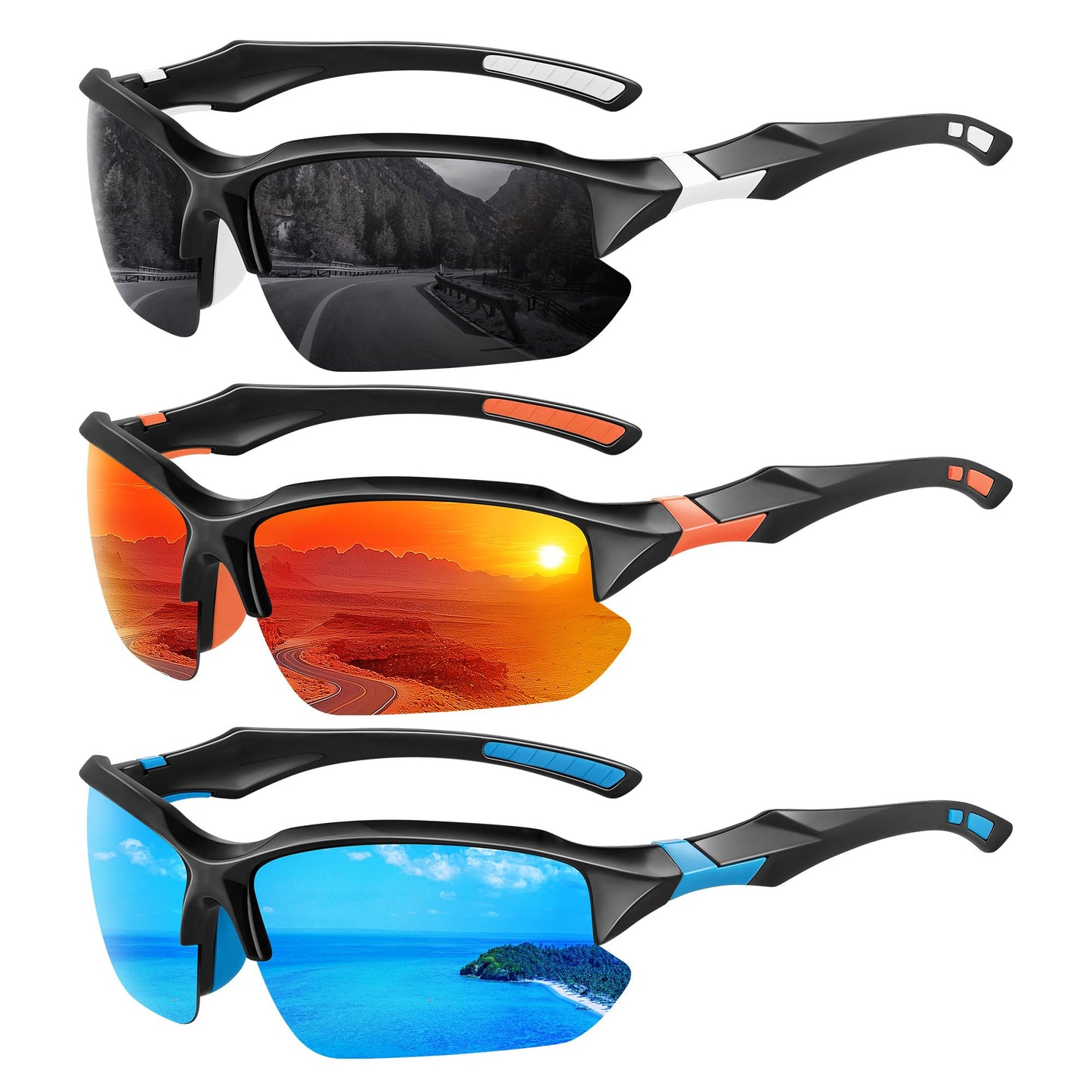 XVXV 3 Pack Polarized Sports Sunglasses for Men, UV Protection Half Frame Sunglasses Comfortable for Running Cycling Driving