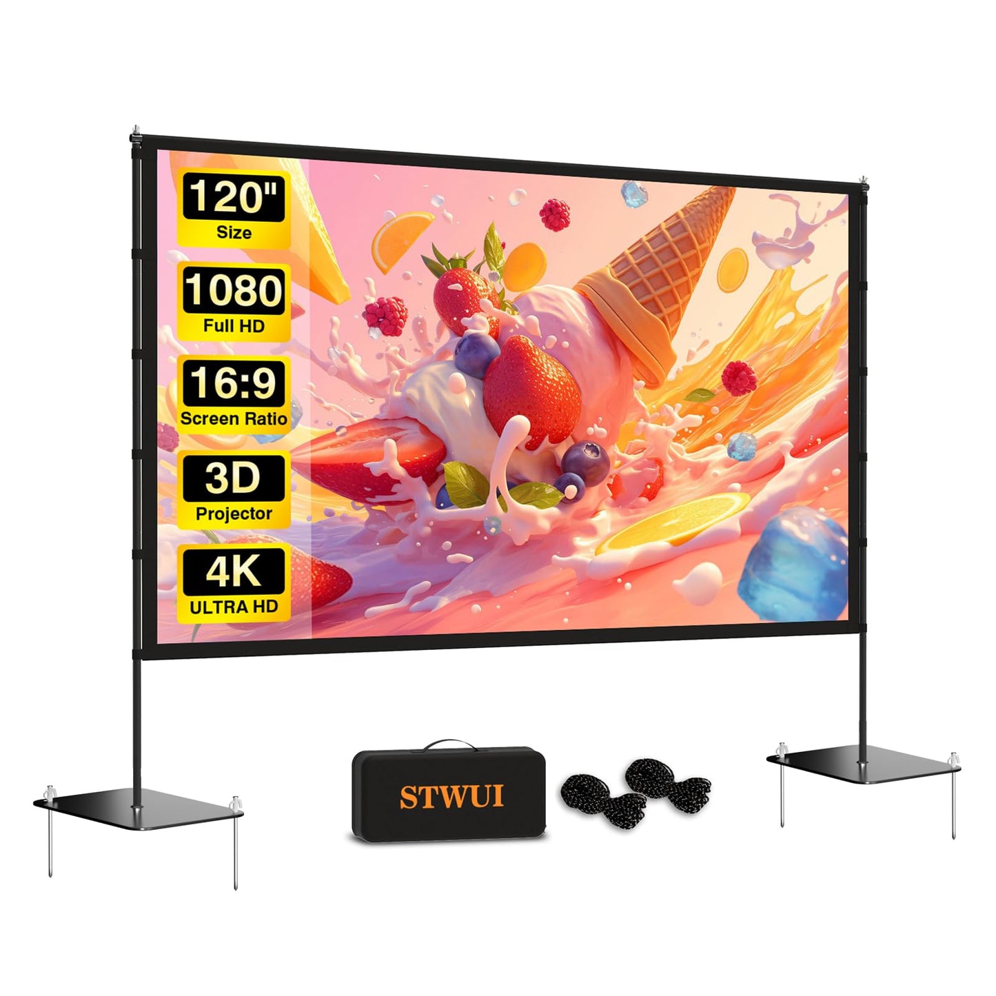 STWUI Outdoor-Projector-Screen-with-Stand - 120 inch Portable Projection Screen Indoor Outdoor Projector Screens 16:9 4K HD Lightweight Movie Screen with Carry Bag for Backyard Movie Night 1pcs