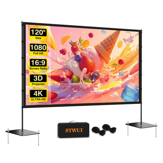 STWUI Outdoor-Projector-Screen-with-Stand - 120 inch Portable Projection Screen Indoor Outdoor Projector Screens 16:9 4K HD Lightweight Movie Screen with Carry Bag for Backyard Movie Night 1pcs