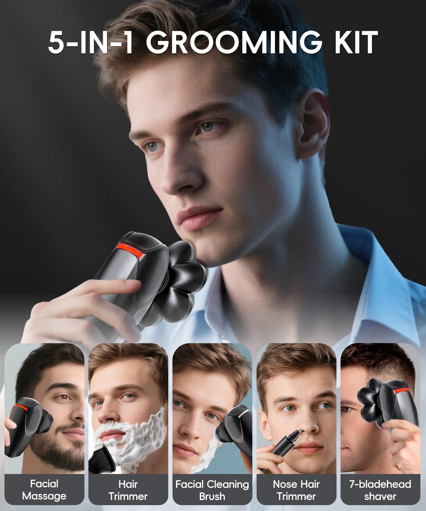 MALEGEBAZ Head shavers for Bald Men 5-in-1 Men's Grooming Kit, 7D Rotary Electric Head Shaver, IPX8 Waterproof Wet/Dry High-Gloss Black