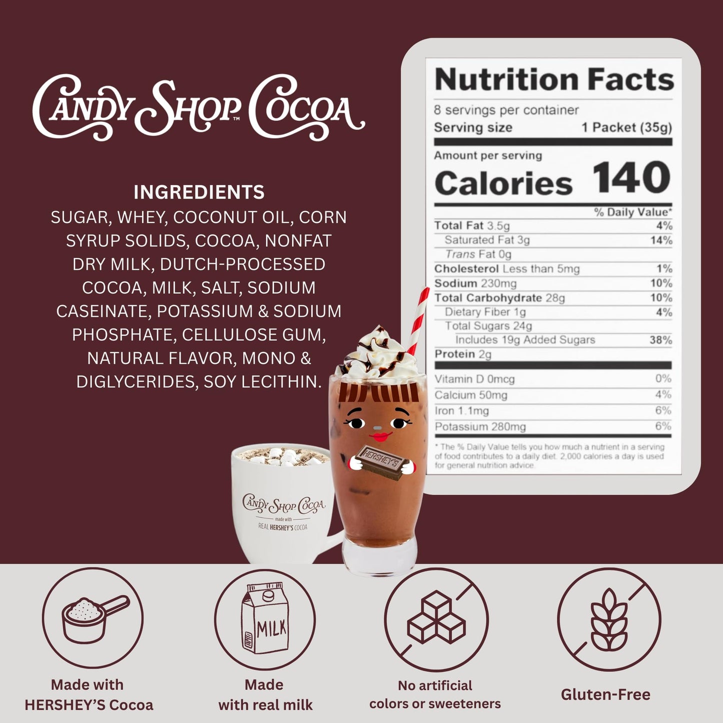 Candy Shop Cocoa HERSHEY'S Milk Chocolate Cocoa Mix, Hot Chocolate, Make Hot or Iced Cocoa, Made With Real Milk, Gluten Free, 1.25 oz packet (24 count)